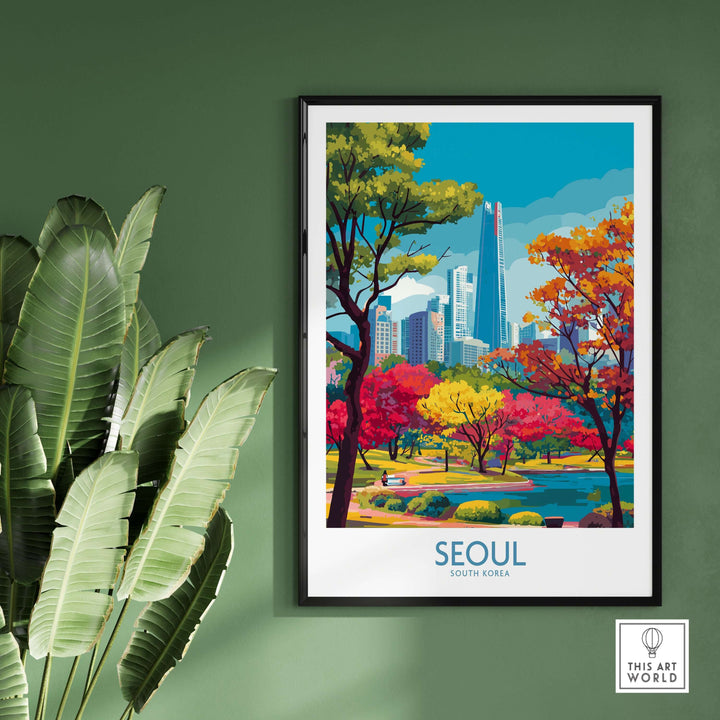 Seoul South Korea city park skyline poster with vibrant foliage and urban skyline in a modern setting.