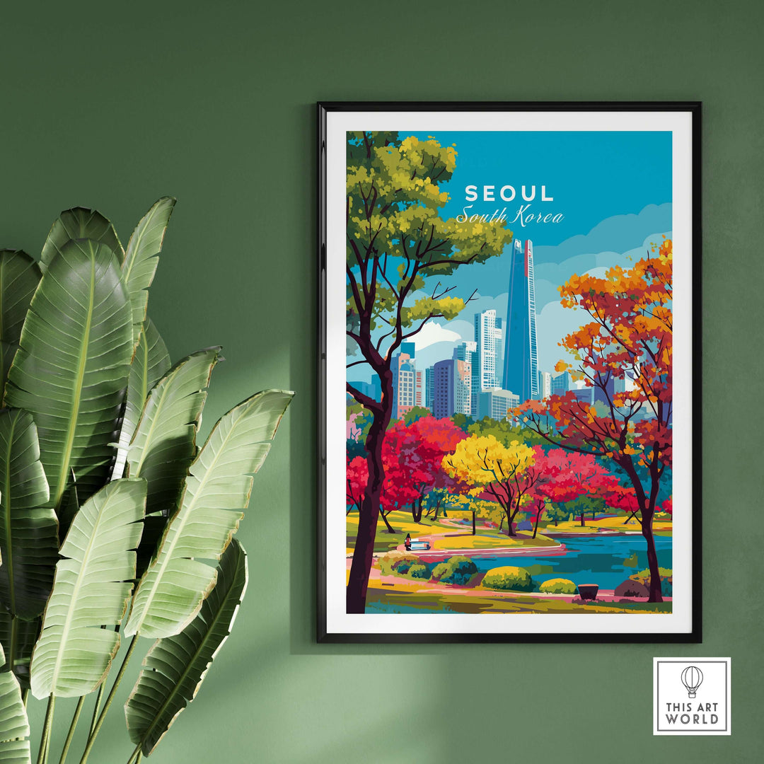 Colorful Seoul South Korea print featuring Lotte World Tower and vibrant park scenery.