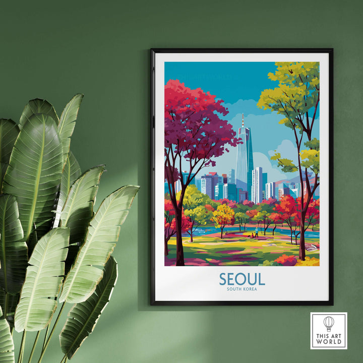 Vibrant Seoul Wall Art print showcasing iconic landmarks and colorful autumn foliage of South Korea's capital.