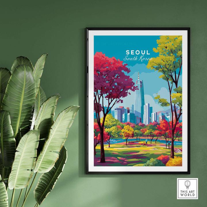 Seoul South Korea poster featuring vibrant cityscape and colorful trees, perfect for modern decor.