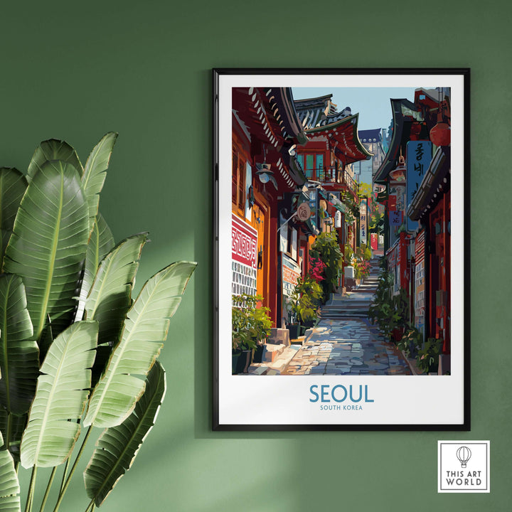 Seoul Bukchon Hanok Village poster showcasing traditional Korean architecture and vibrant city scene.