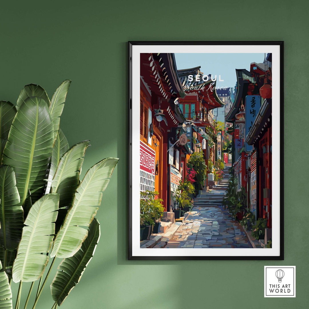 Seoul South Korea print featuring historic street architecture and vibrant decorations in wall art.