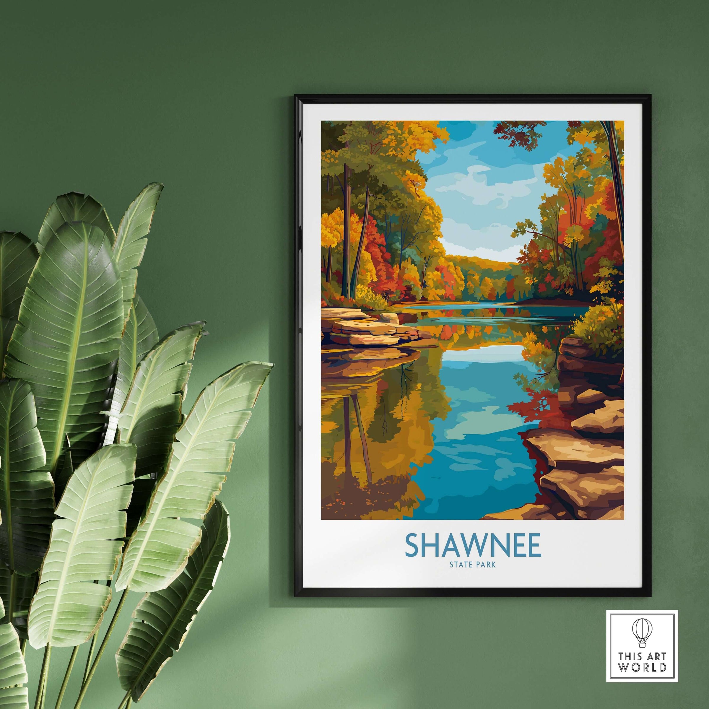 Shawnee State Park Colorful Trees Landscape Poster - Ohio Nature Travel Decor displayed in a room with green walls and plants.