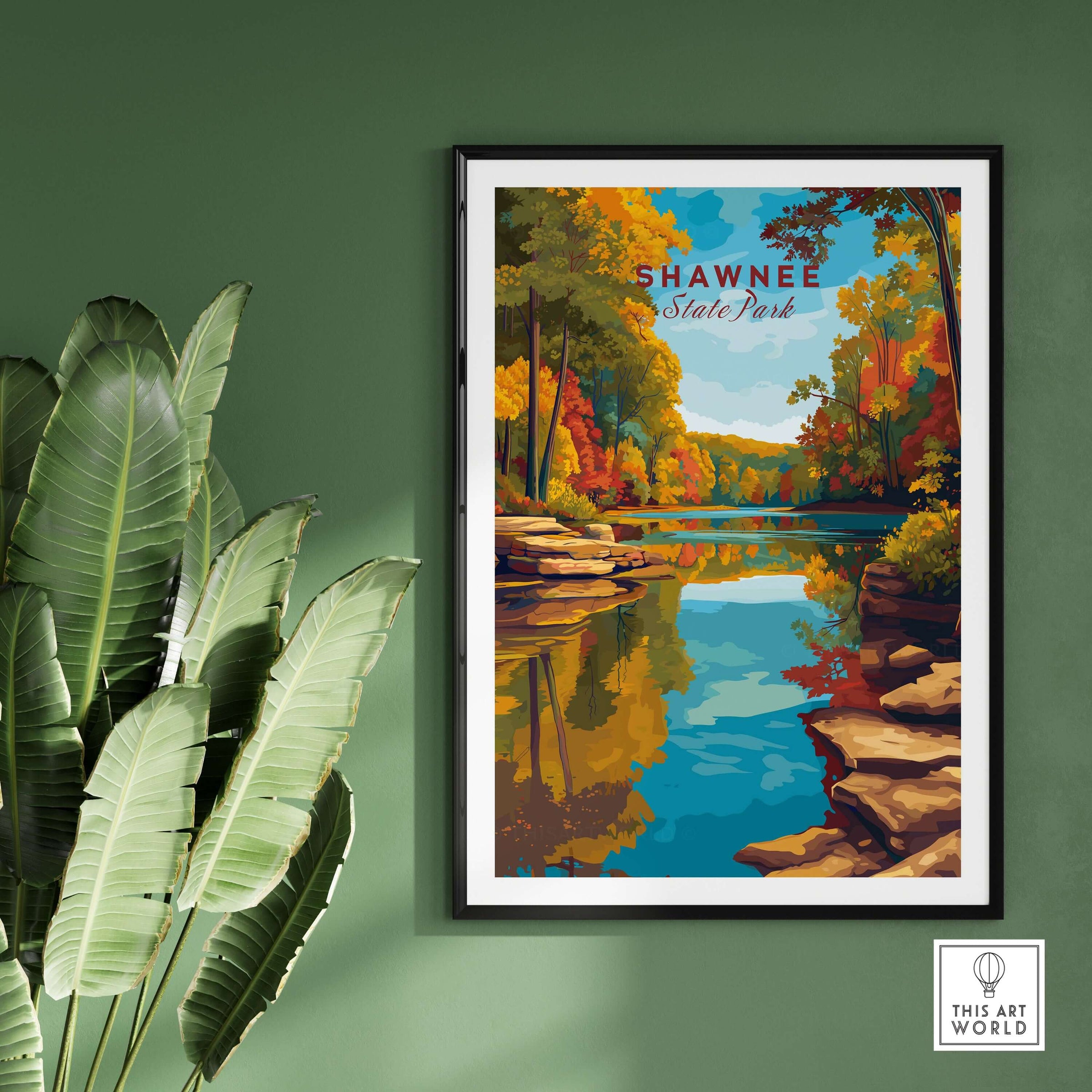 Shawnee State Park Ohio Fall Forest Lake Print - Autumn Reflections Wall Art displayed in a stylish interior setting.