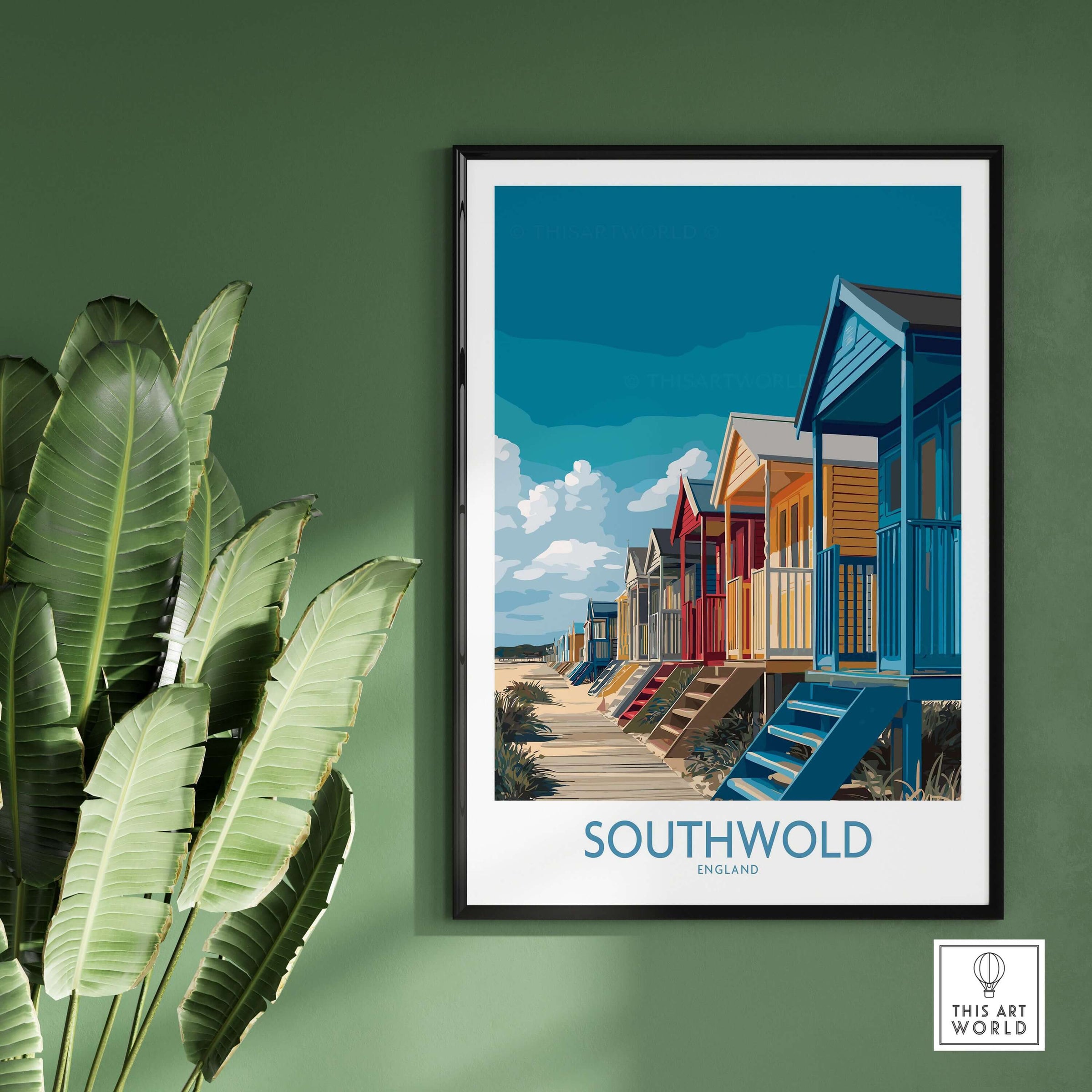 Southwold England English Seaside Poster - Vibrant Beach Scene Decor with colorful beach huts and palm leaves.