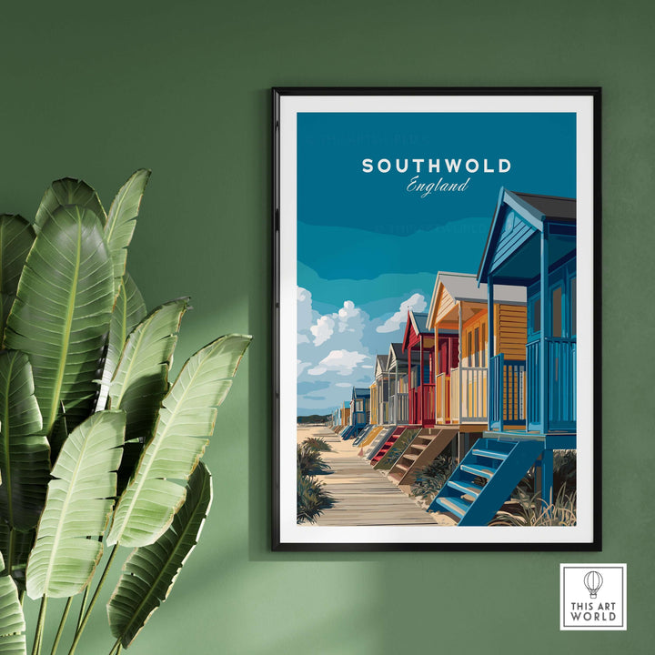 Colorful Southwold beach huts print showcasing vibrant coastal scenery in England.