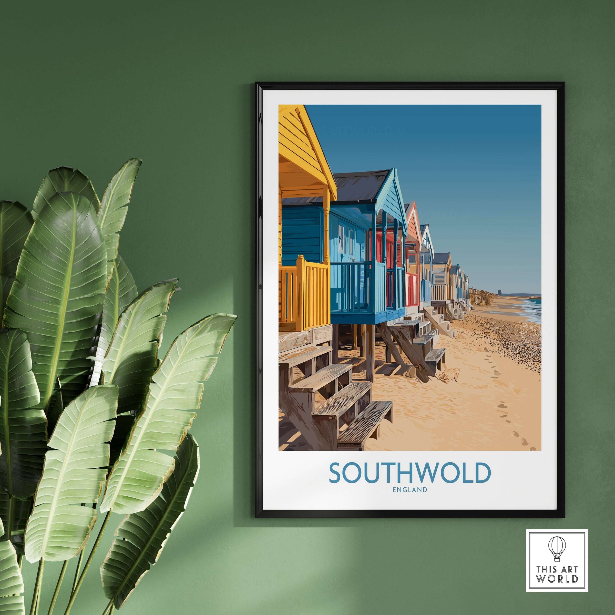 Southwold England Travel Poster featuring colorful beach huts along the coast of Southwold, England.