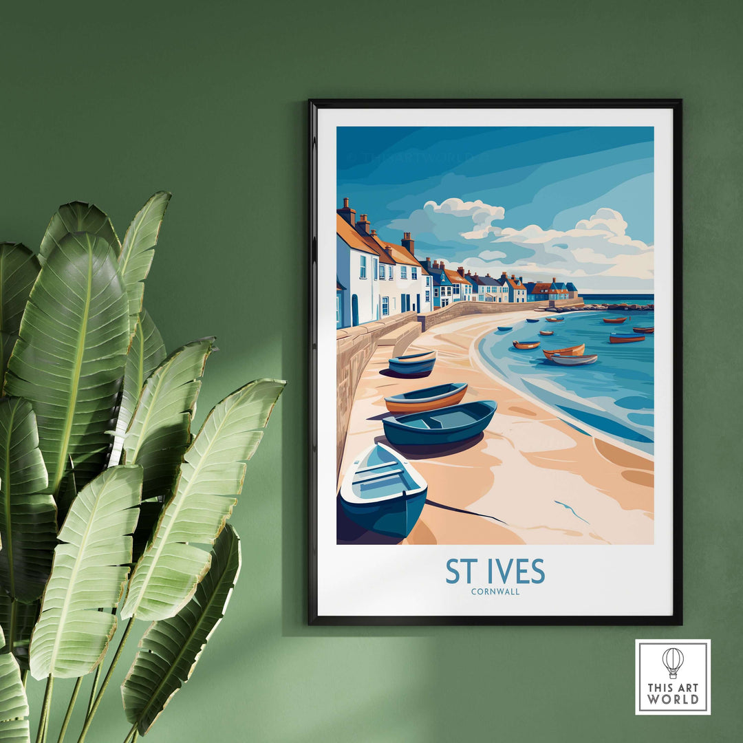 St Ives Cornish harbor wall art featuring colorful boats and beach, perfect coastal decor for Cornwall lovers.