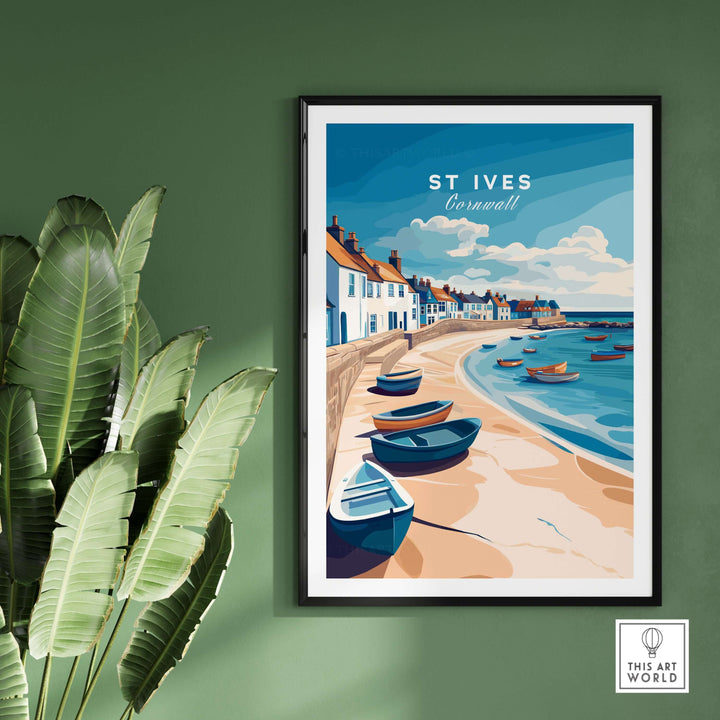 St Ives Beach Boats Seascape Poster featuring colorful boats on a sandy shore in Cornwall, perfect for coastal decor.