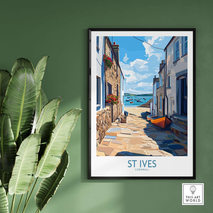 St Ives Cornwall wall art showcasing a charming harbor scene with boats and cobbled streets.