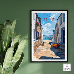 St Ives Cornwall Alleyway Beach View Print - Picturesque Coastal Town Poster on a green wall with plants.