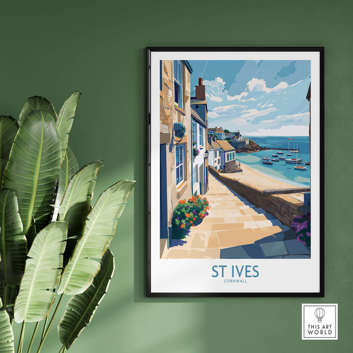 St Ives Cornwall coastal alleyway wall art, showcasing a sunny seaside view with boats and charming architecture.