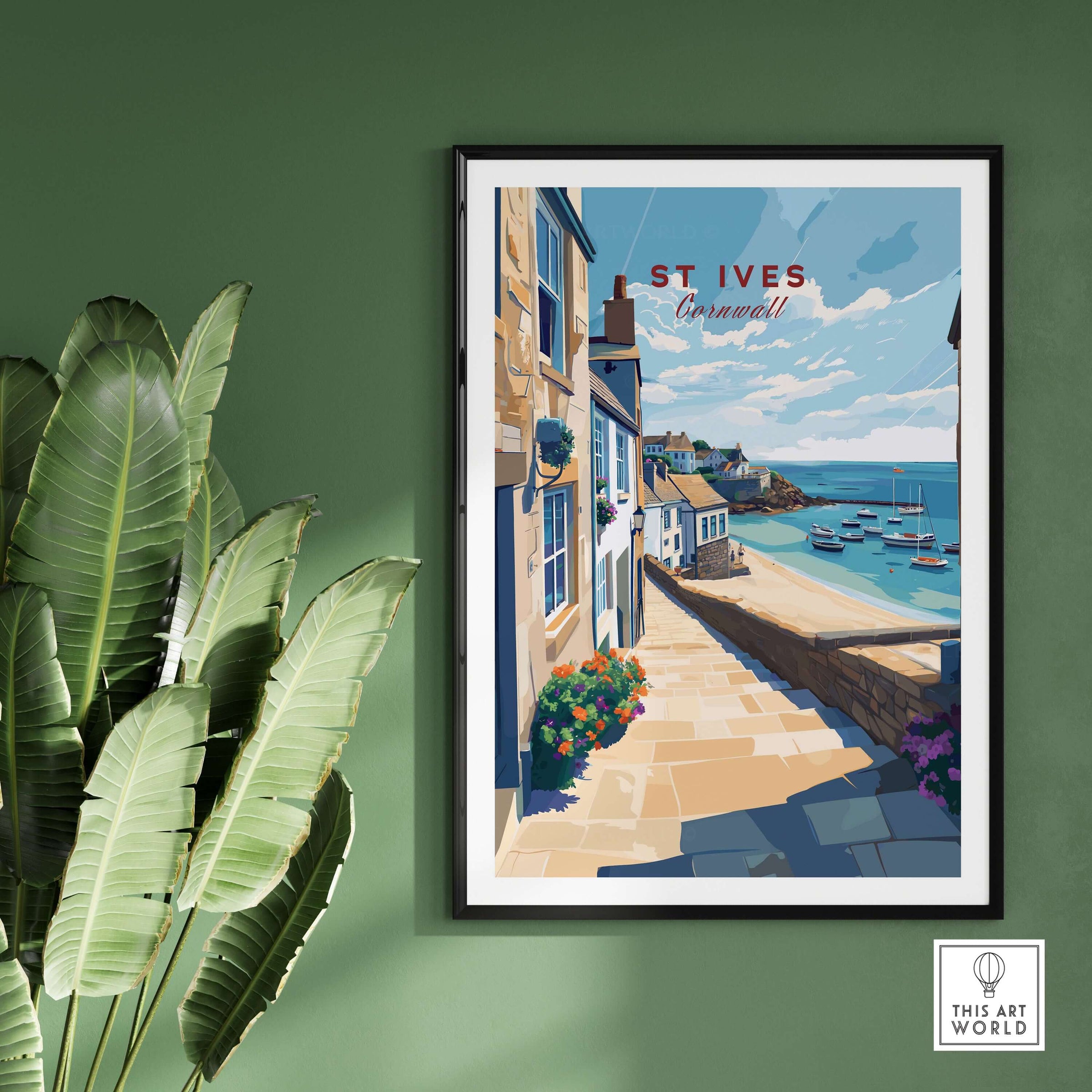 St Ives Cornwall Stone Steps to Beach Poster - Seaside Village Print featuring stunning seaside scenery.