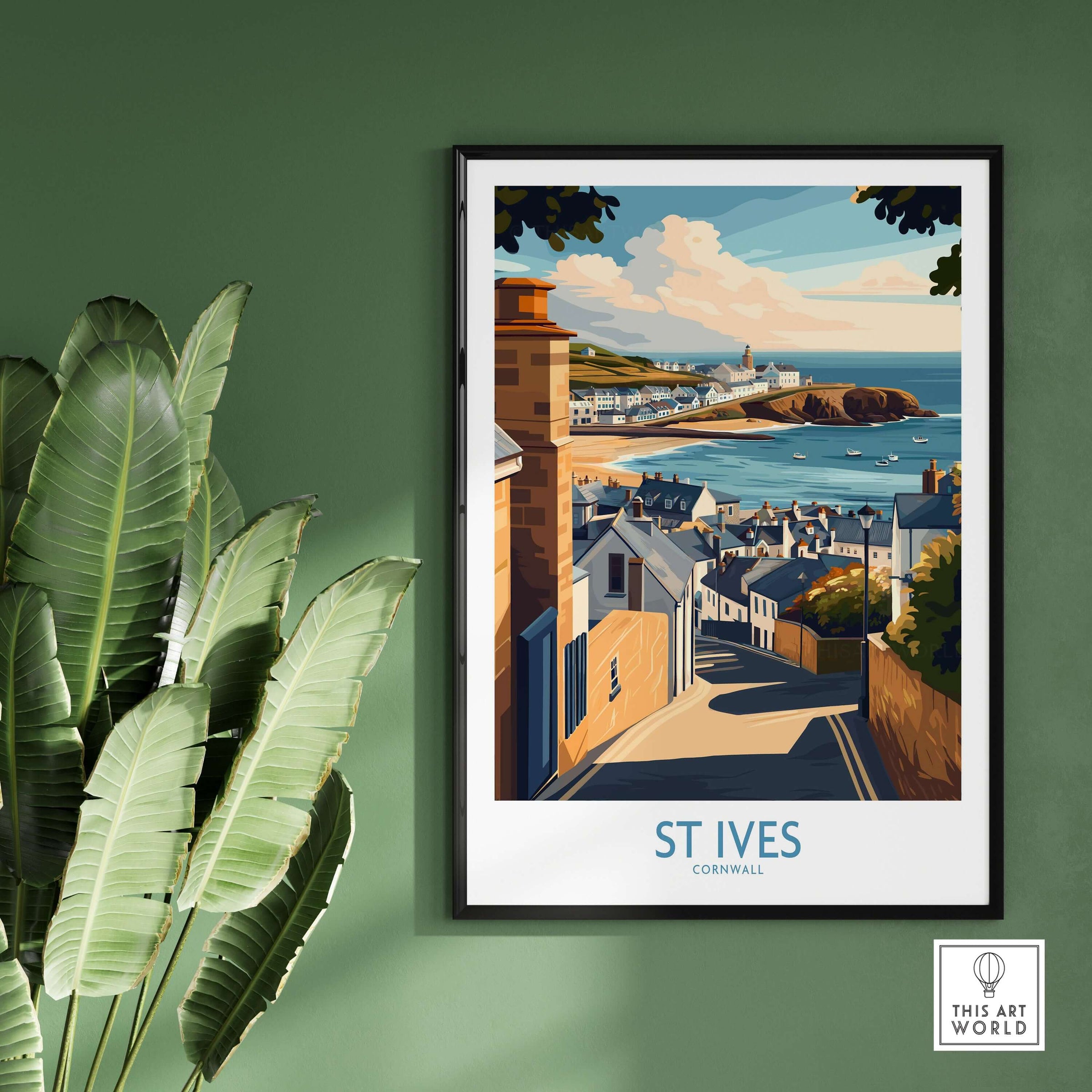 St Ives Cornwall Seaside Street Poster - Coastal Village Landscape Decor hanging on a wall with tropical plant.