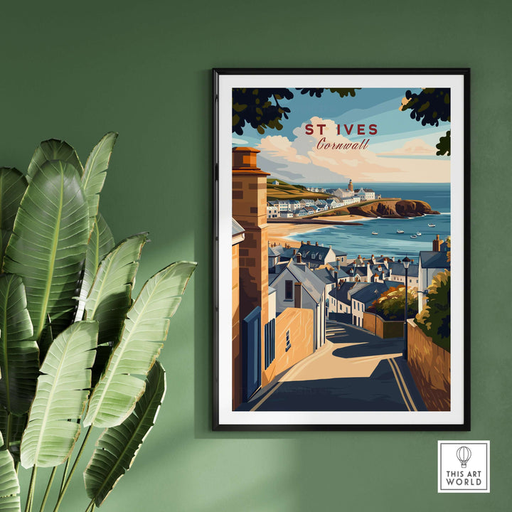 St Ives Across the Rooftops View Print, showcasing charming Cornish village scenery with lighthouse and seaside elegance.