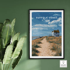 Suffolk Coast England Beach House Seaside Print - Coastal Pathway Wall Art showcasing a serene coastal scene and a charming beach house.