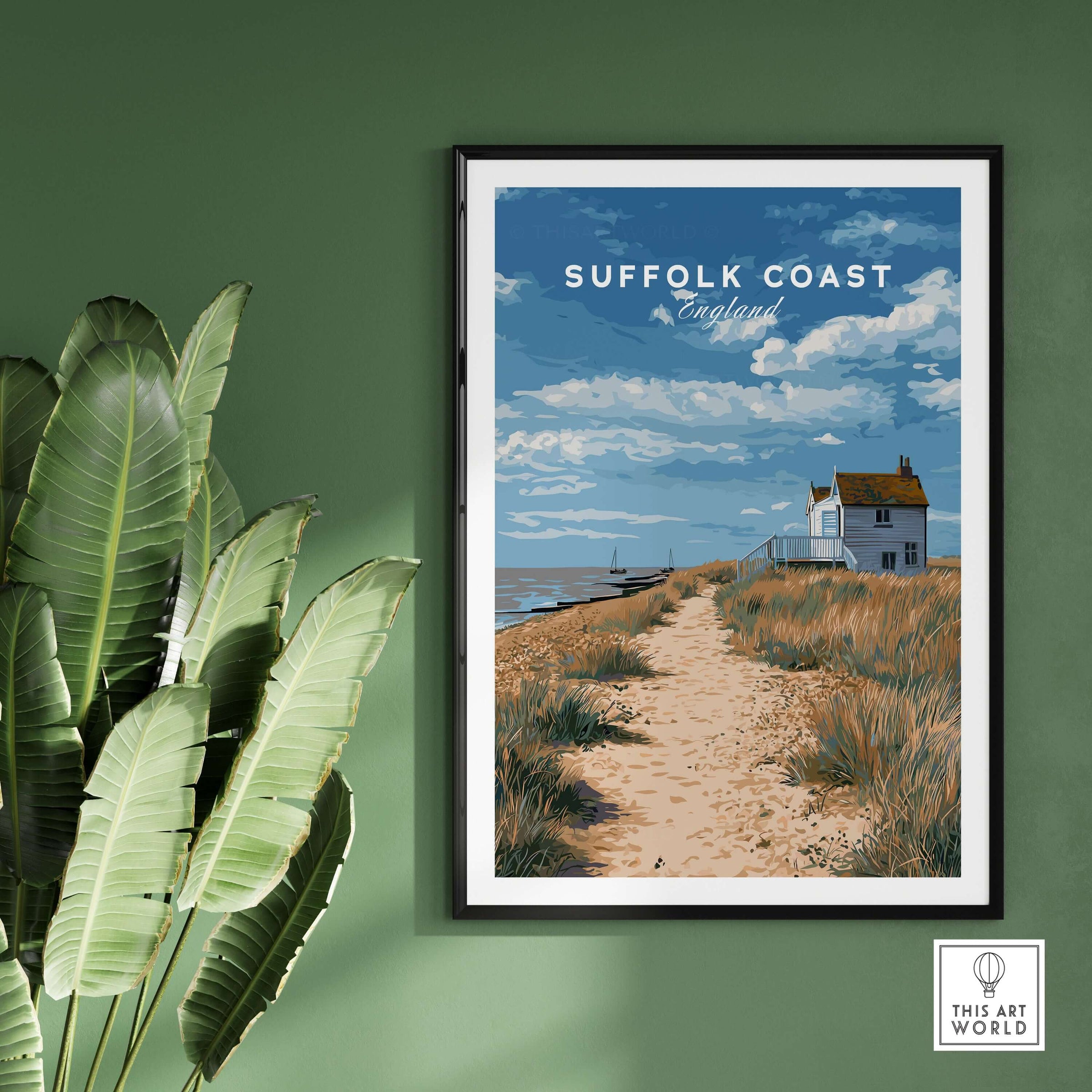 Suffolk Coast England Beach House Seaside Print - Coastal Pathway Wall Art showcasing a serene coastal scene and a charming beach house.