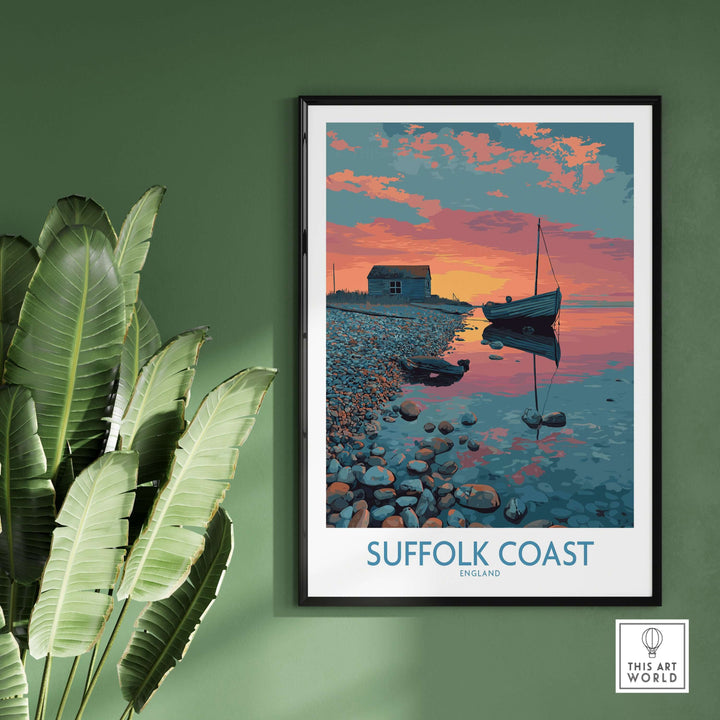 Suffolk Coast poster featuring a tranquil evening seascape with boats and vibrant sunset hues in England.