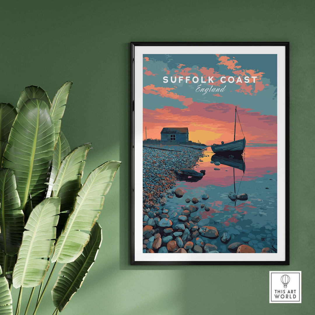 Suffolk Coast print featuring sunset over pebble beach, boat, and coastal hut, perfect for serene home decor.