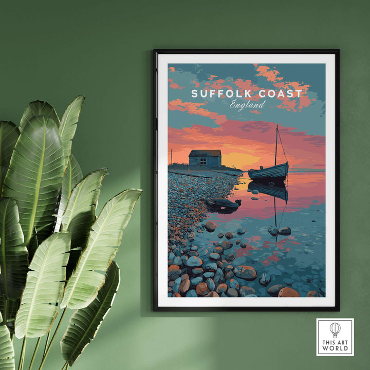 Suffolk Coast print featuring sunset over pebble beach, boat, and coastal hut, perfect for serene home decor.