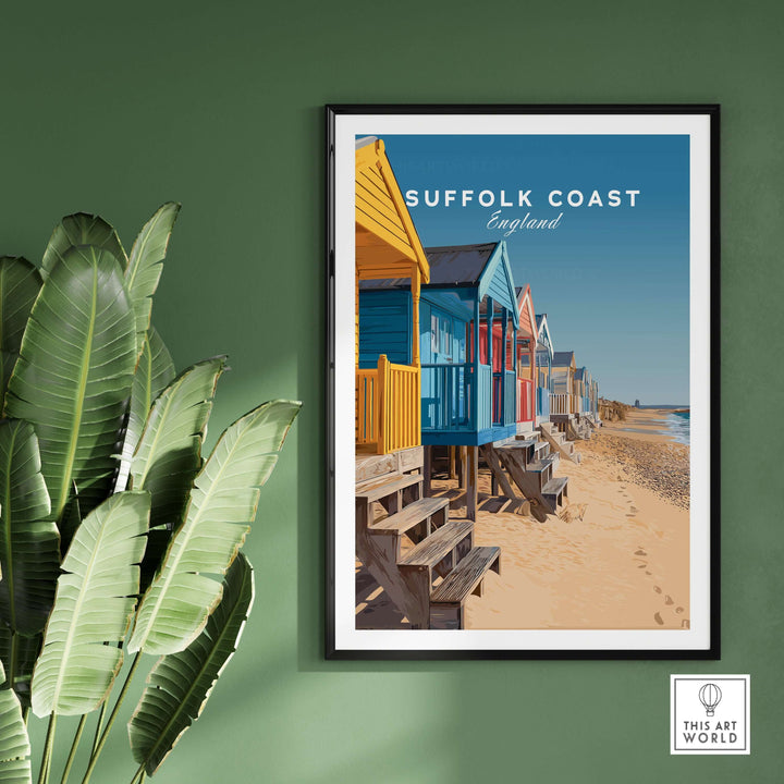 Colorful beach huts on Suffolk Coast, England, print showcasing sandy shoreline and coastal charm.
