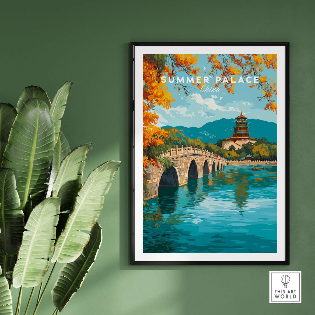 Colorful Summer Palace print featuring Seventeen-Arch Bridge and Kunming Lake in Beijing, showcasing Chinese architecture.
