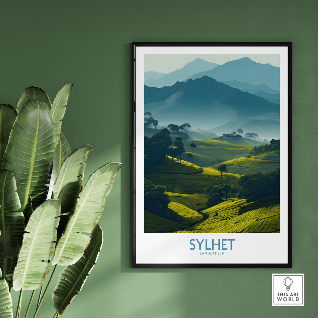Sylhet Bangladesh poster featuring serene tea plantation fields and rolling hills, perfect for nature lovers' decor.