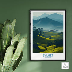 Sylhet Bangladesh Poster - Tea Plantation Fields Artwork hanging on a green wall with tropical leaves.