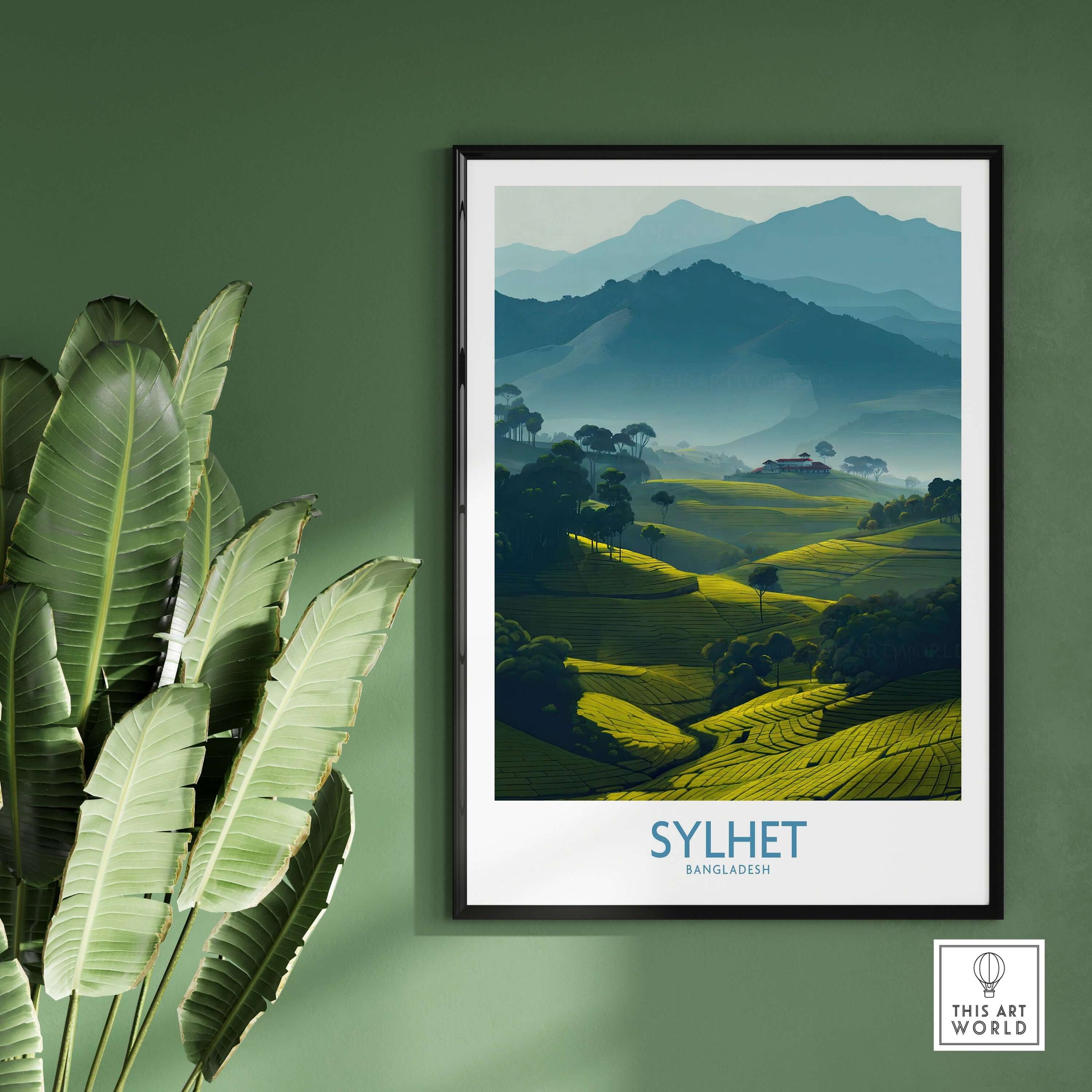 Sylhet Bangladesh Poster - Tea Plantation Fields Artwork hanging on a green wall with tropical leaves.