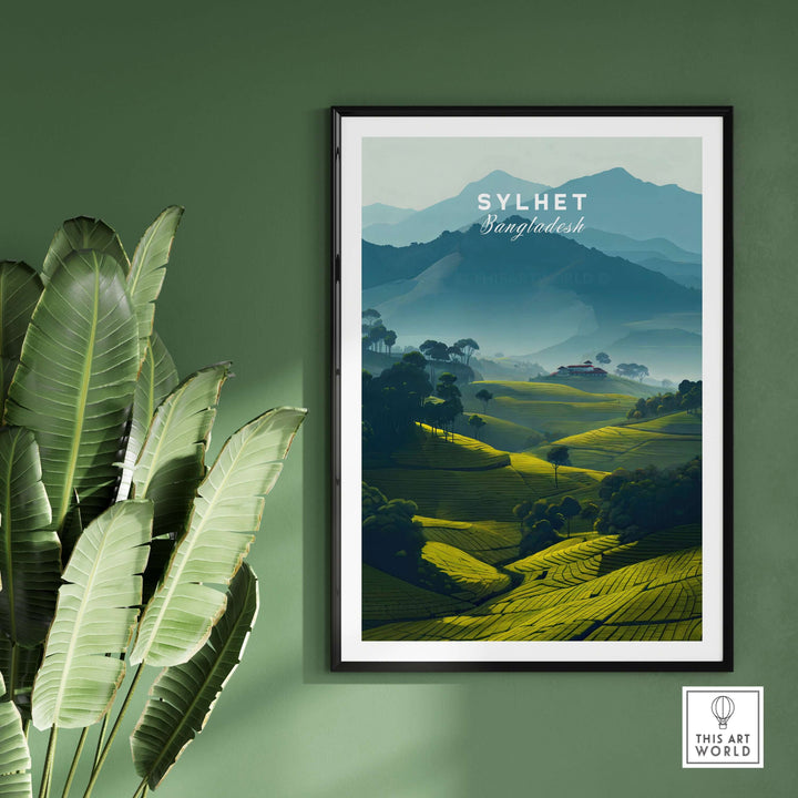 Sylhet Bangladesh poster featuring tea plantations and misty mountains, perfect wall art for nature lovers.