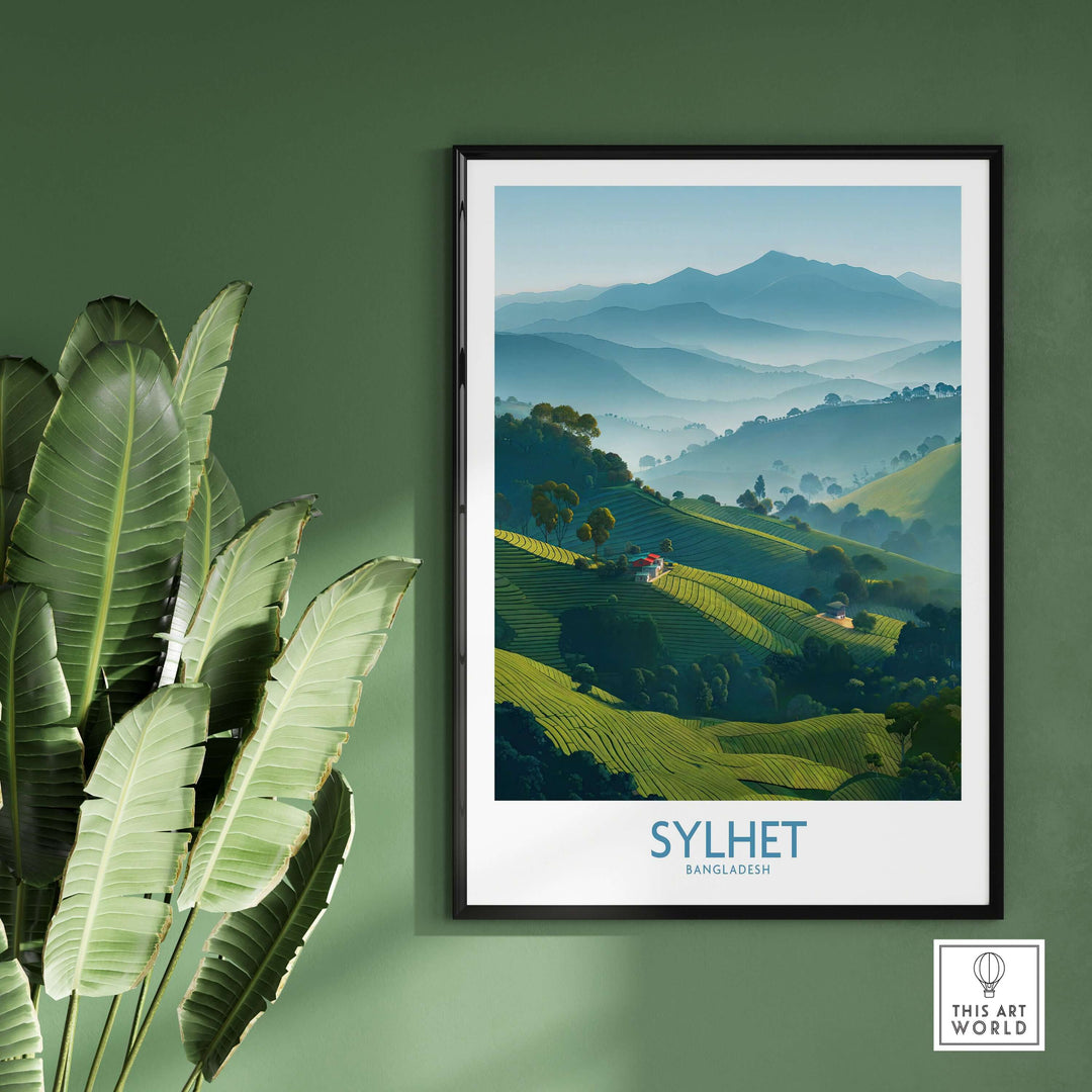 Sylhet Bangladesh tea plantation wall art featuring lush green hills and serene landscapes, perfect for travel decor.