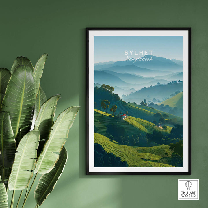 Sylhet Bangladesh tea fields print showcasing serene green hills and mountains, perfect for tranquil home decor.