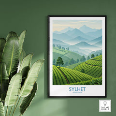 Sylhet Bangladesh Wall Art - Scenic Nature Print featuring lush green hills and serene mountains on a wall.