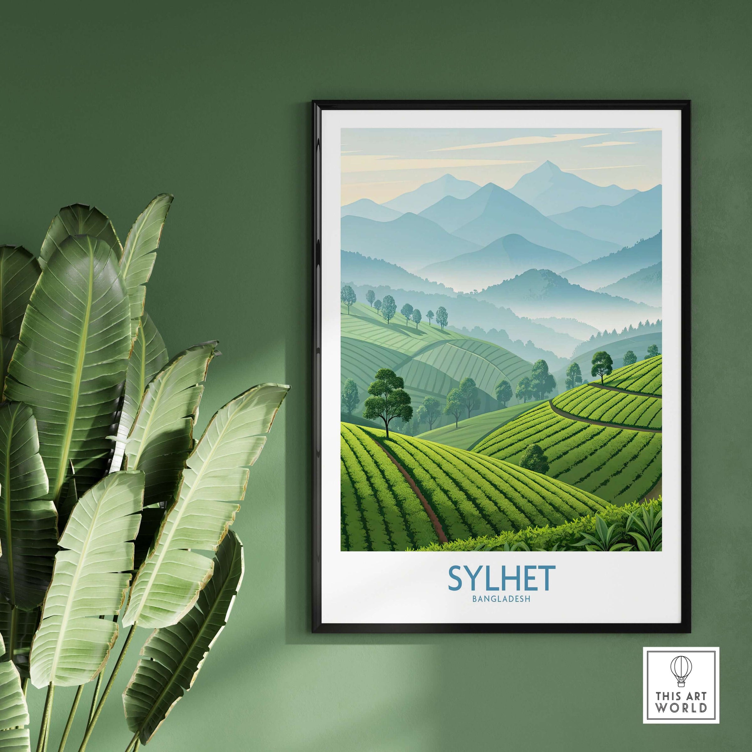 Sylhet Bangladesh Wall Art - Scenic Nature Print featuring lush green hills and serene mountains on a wall.