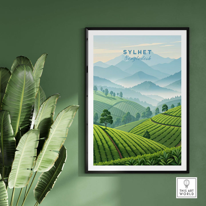 Sylhet wall art poster featuring lush green tea fields and mountains, showcasing Bangladesh's scenic beauty.