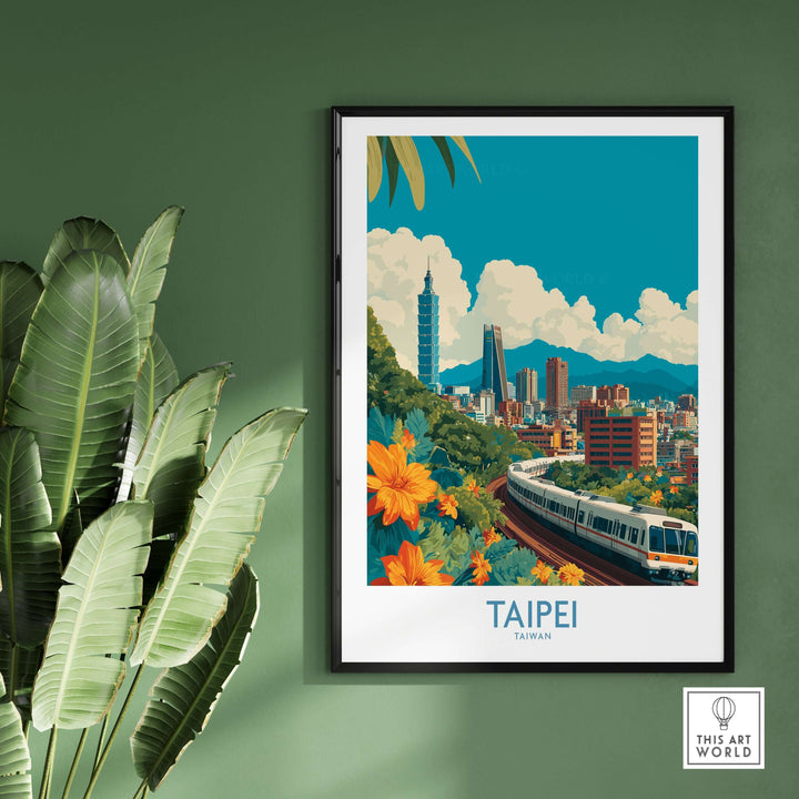 Taipei 101 poster featuring vibrant cityscape and greenery, perfect for travel enthusiasts and urban decor.
