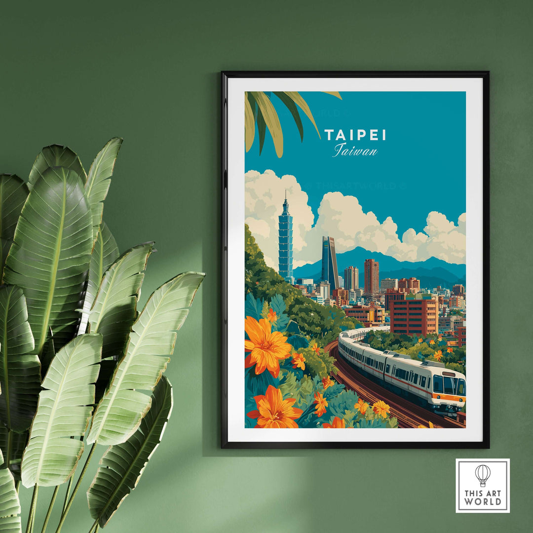 Taipei city skyline poster featuring MRT train, vibrant flowers, and mountains, perfect urban landscape wall art.