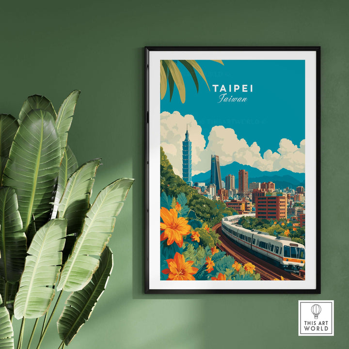 Taipei city skyline poster featuring MRT train, vibrant flowers, and mountains, perfect urban landscape wall art.