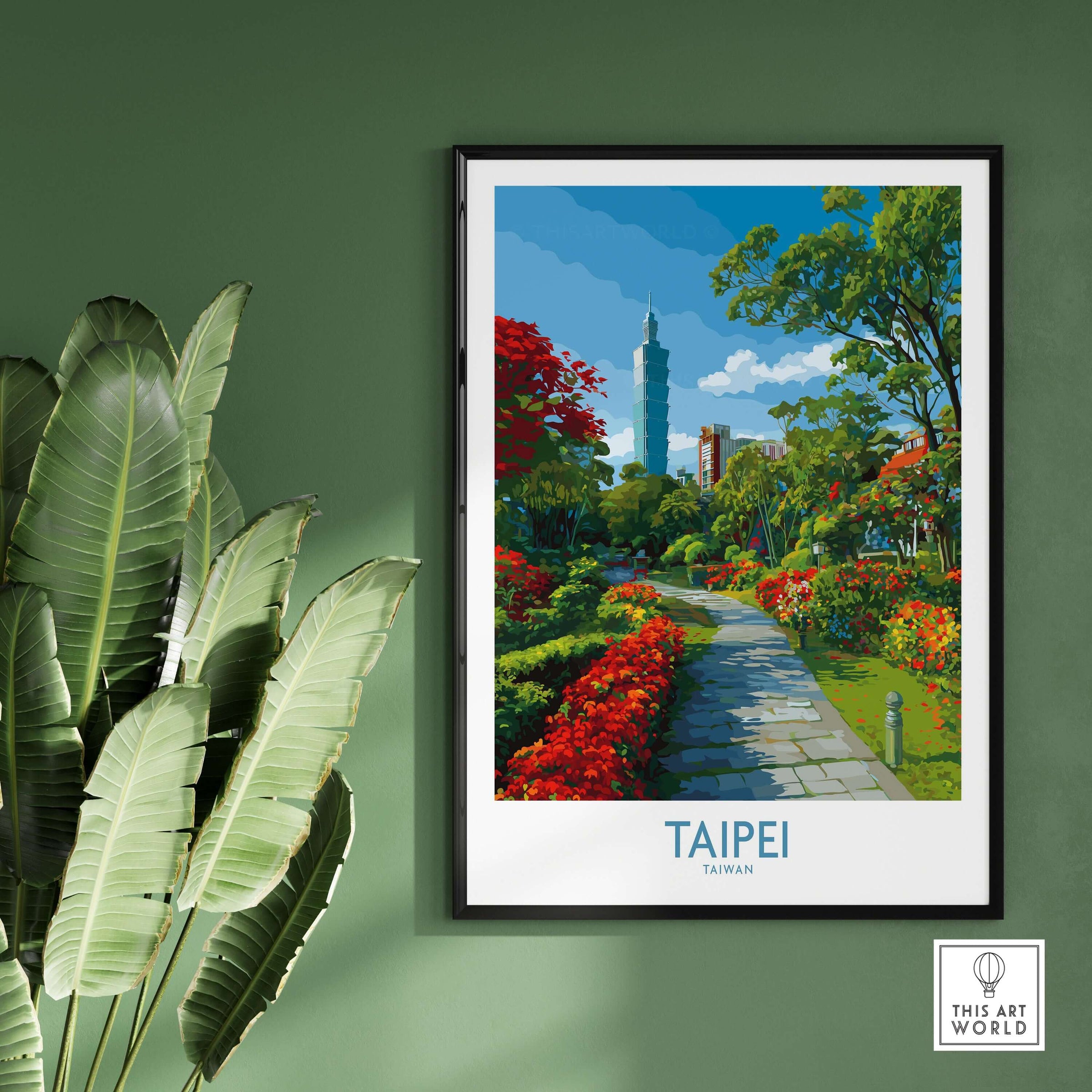 Taipei Taiwan Taipei 101 Park View Print - Vibrant Urban Green Space Decor with lush greenery and vibrant flowers.
