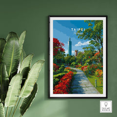 Taipei Poster Taiwan - Botanical Garden Pathway Print - City Park Wall Art framed on green wall with plants.