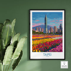 Taipei Taiwan Poster - Modern Urban Travel Print featuring a vibrant city skyline and colorful tulip garden.