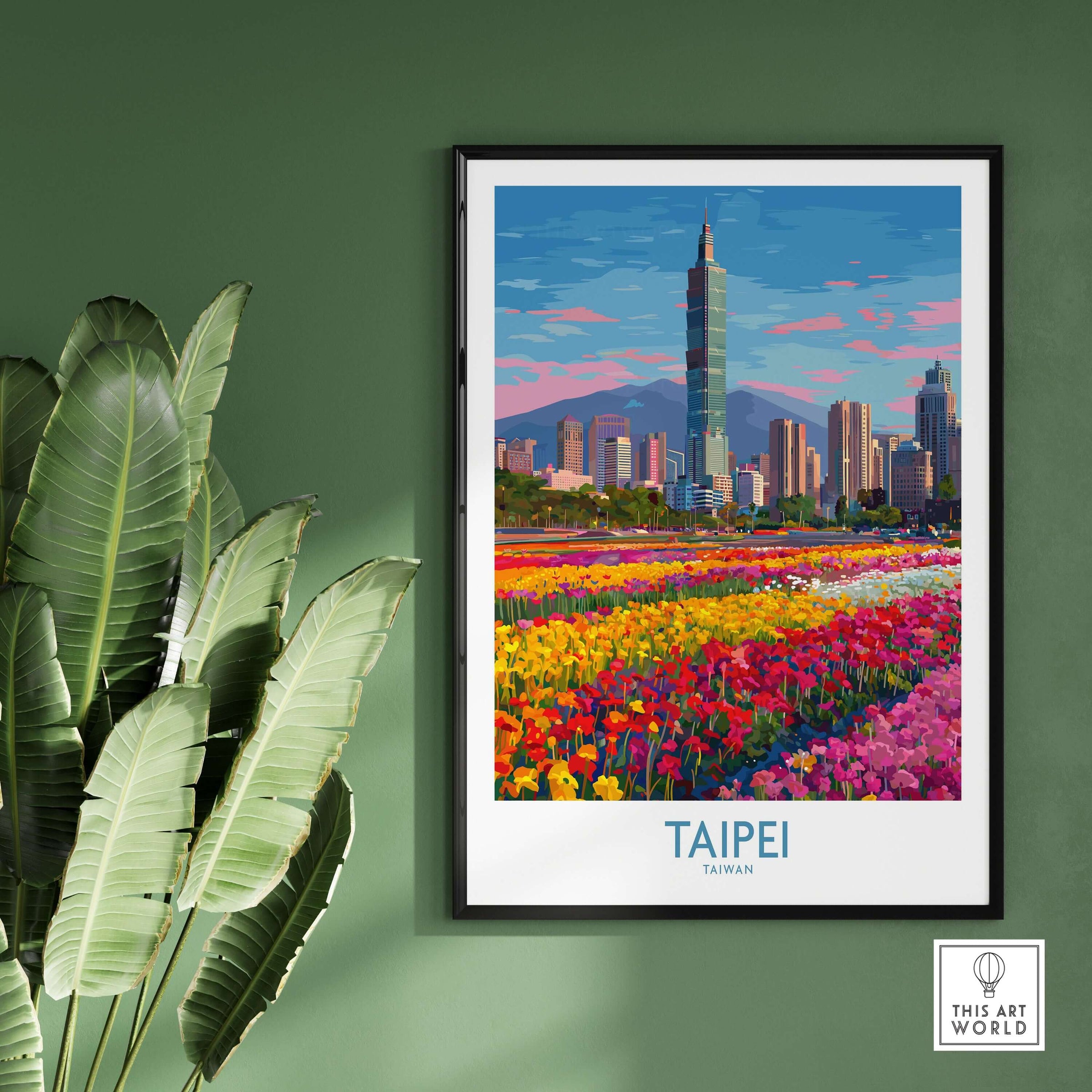 Taipei Taiwan Poster - Modern Urban Travel Print featuring a vibrant city skyline and colorful tulip garden.