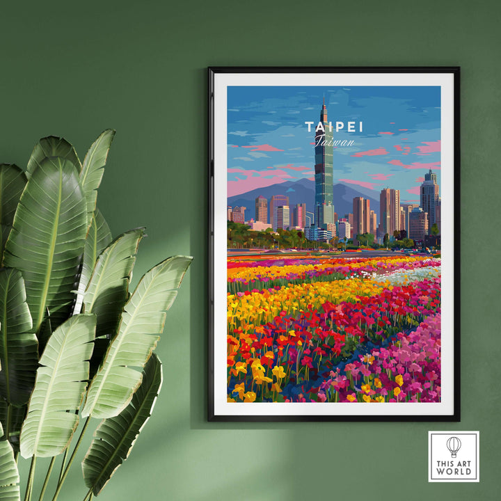 Taipei Taiwan cityscape print featuring Taipei 101 skyline and vibrant flower fields, ideal wall art for home decor.