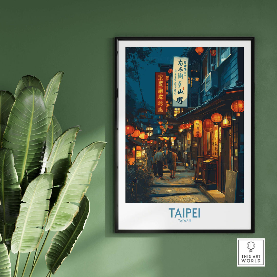 Taipei Taiwan vibrant poster of illuminated market, showcasing lively street life and colorful lanterns.