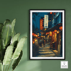 Taipei Taiwan Print Lantern Alley Night Scene - Traditional Street Wall Art showing illuminated lanterns and vibrant nightlife.