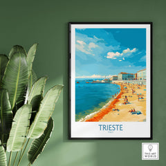 Trieste Italy Poster - Italian Travel Print showcasing beach and architecture in vibrant colors.