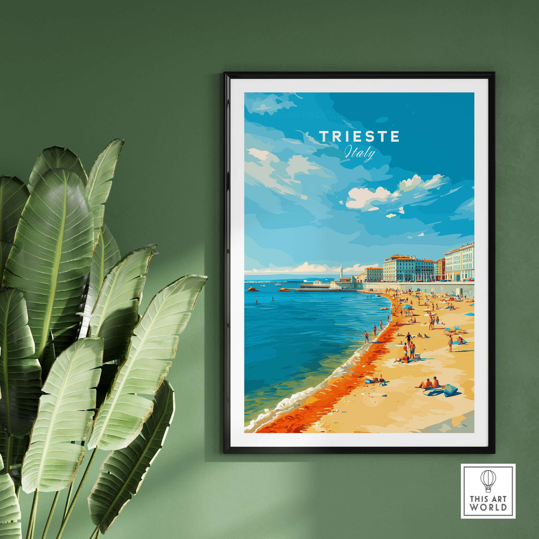Trieste Italy print showcasing a vibrant Adriatic coast beach scene in a modern frame against a green wall.