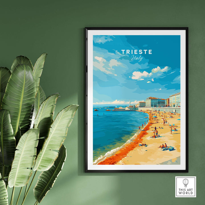 Trieste Italy print showcasing a vibrant Adriatic coast beach scene in a modern frame against a green wall.