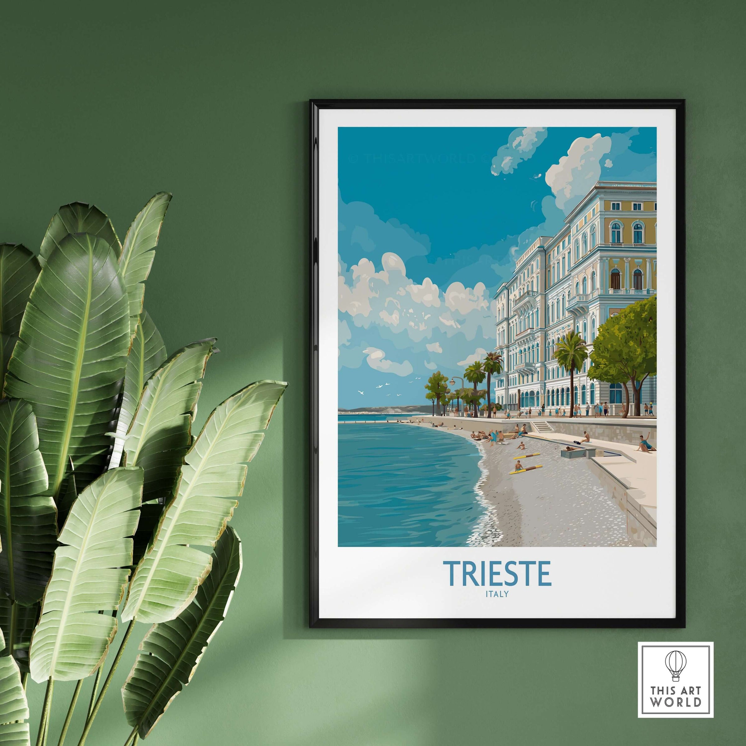 Trieste Print Italy Seafront Poster showcasing the beautiful coastal view of Trieste, Italy with vibrant colors.