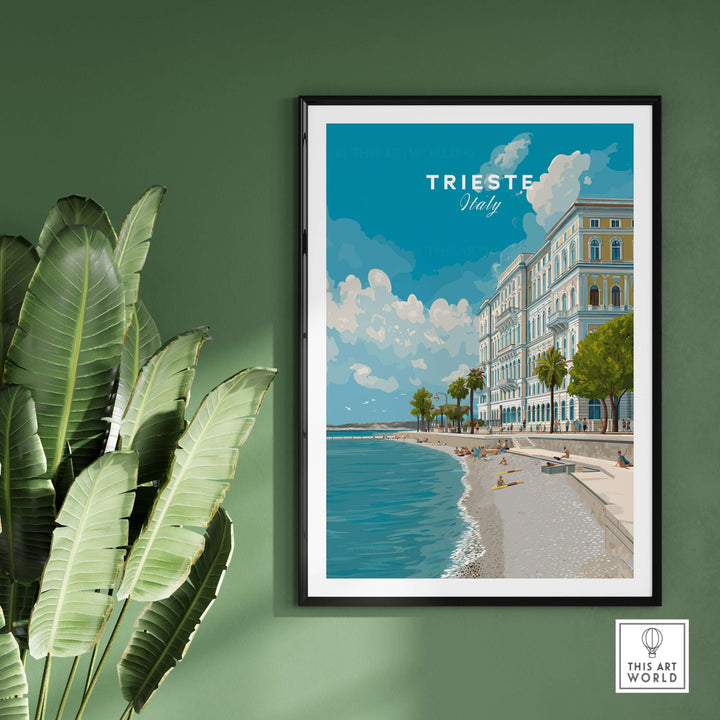 Trieste Italy beach scene poster featuring coastal buildings and palm trees, perfect for wall art decor.